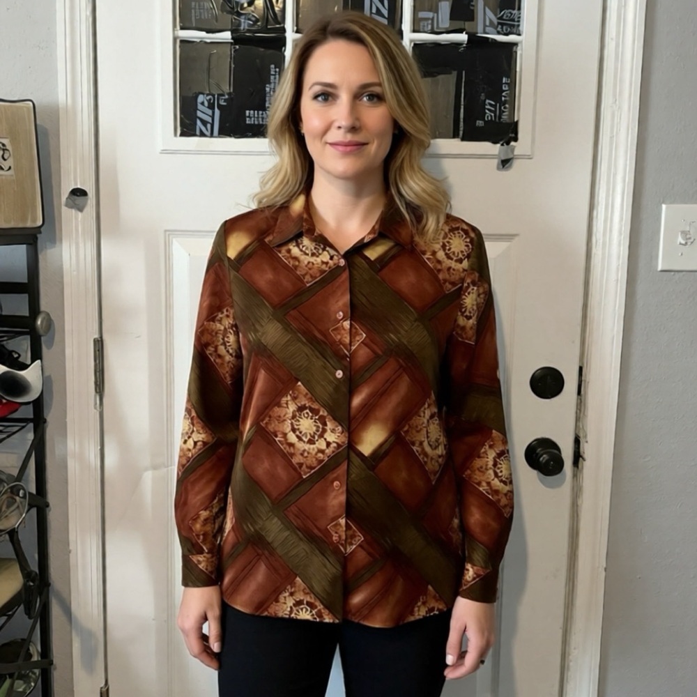 Vintage Chic Women's Brown Patterned Button-Down Shirt